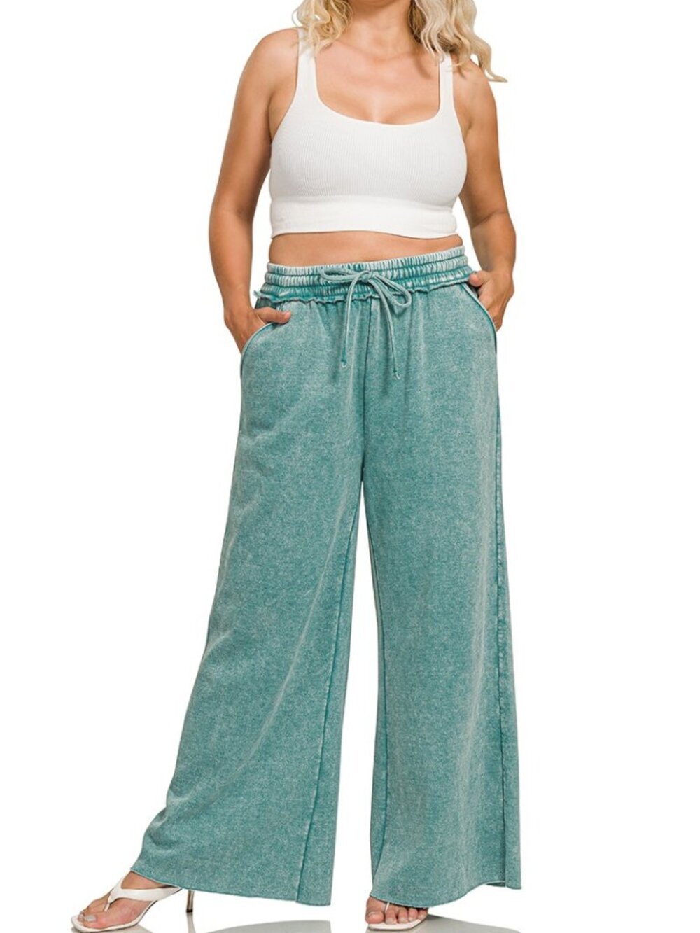 Zenana Acid Wash Fleece Palazzo Sweatpants With Pockets